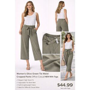Women OLIVE Cropped Pants Tie Waist Office Casual New With Tags